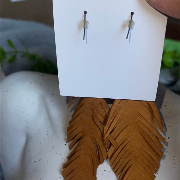 Brown Feather  Tan Suede Earrings with Turquoise Accents - Picture 6 of 6
